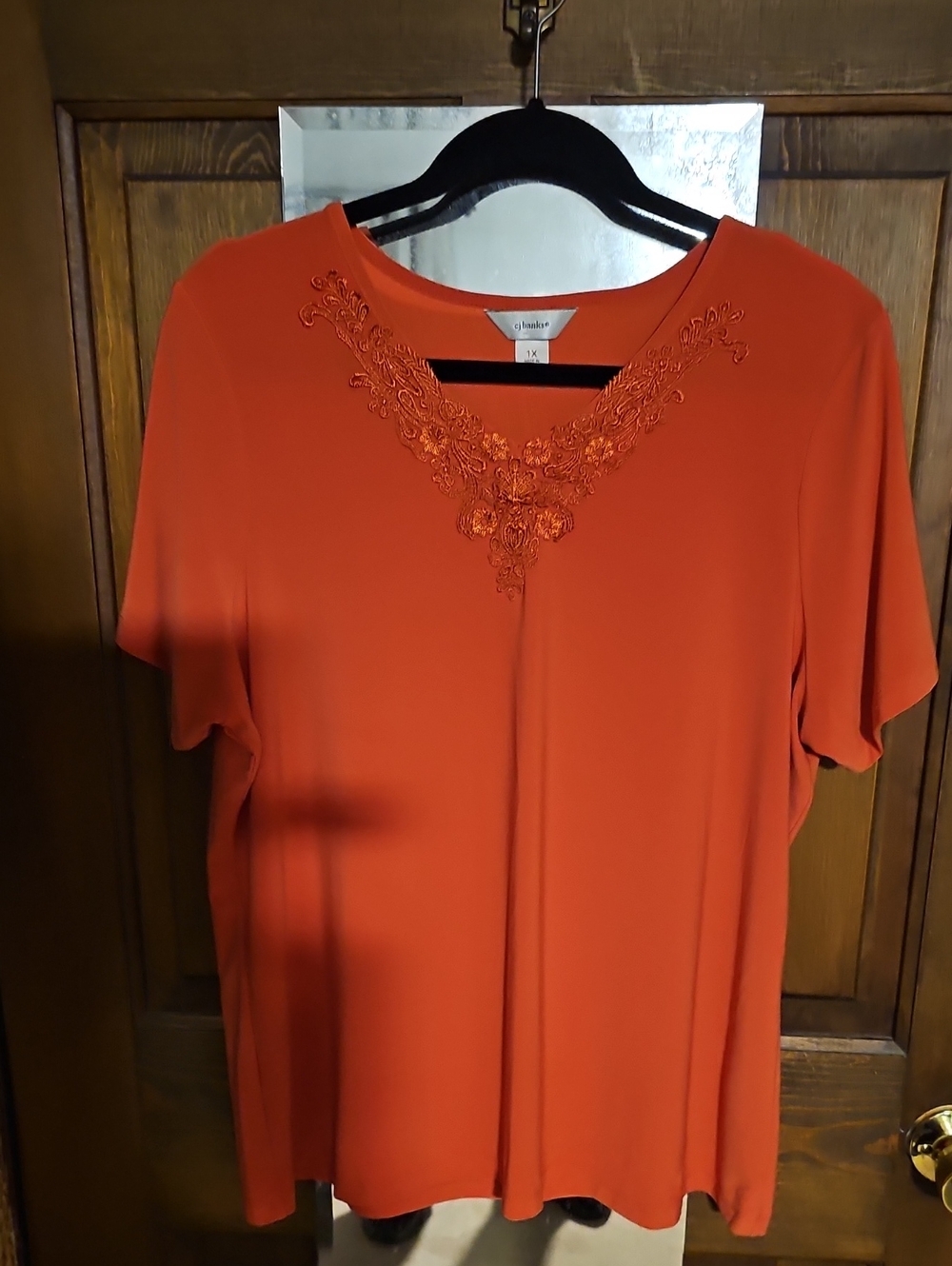 CJ Banks Orange Short Sleeve V-Neck Top with Embroidered Neckline